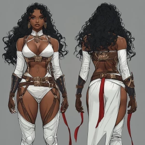 A powerful ebony female warrior character design, front and back...