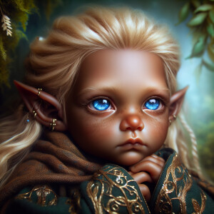 An elven baby with dark brown skin, blue eyes, and blonde hair.