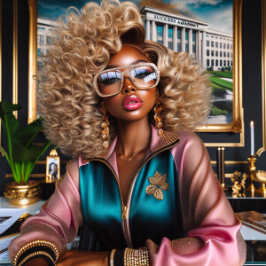 Depict a glamorous African American woman with voluminous, curly...