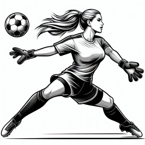 Soccer woman goalkeeper in the hat catching the ball monochrome...