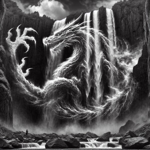 A large waterfall, water droplets look lile a dragon emerging fr...