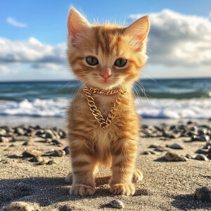 an orange kitten with a cute face with black eyes standing like...