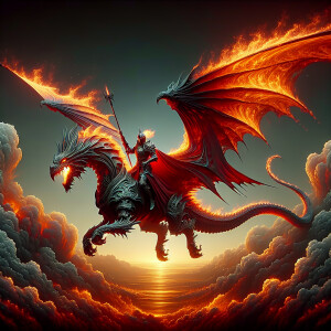 fiery knight flies on a dragon in armor, dark smoke in the backg...