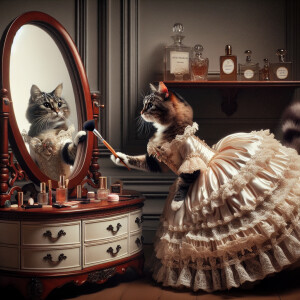 A cat admiring itself in the mirror, wearing a classical ballgow...