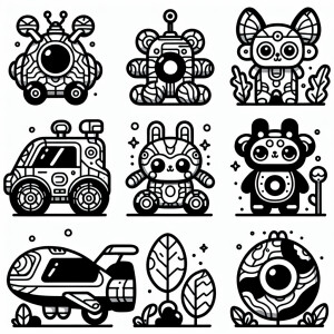Create six separate black-and-white illustrations of toys and ch...