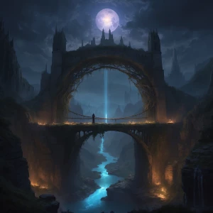 Depict an aged bridge arching over a deep city chasm during twil...
