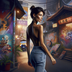 Athletic Thin skinny Attractive, Asian teenage girl, long brown hair and bangs, wearing tight skinny jeans and a halter top paint marks on her clothing, heroic pose Asian graffiti background, backside view