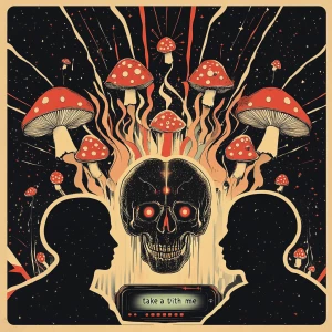 Psychedelic artwork featuring a central human skull with stippli...