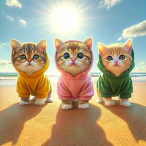three adorable kittens standing on a sandy beach with the clear...