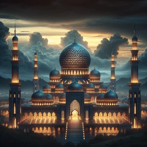 Majestic mosque standing tall against a backdrop of stormy cloud...