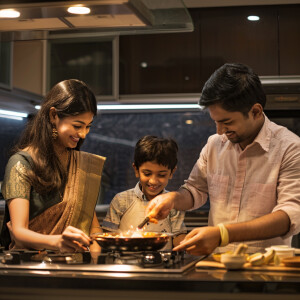 A happy Indian family cooking and spending time in a beautiful l...