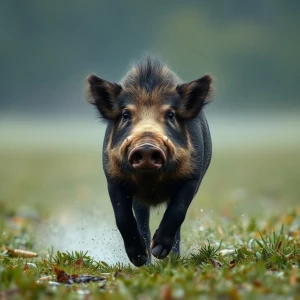 Professional photography of a wild boar running across a wet  co...