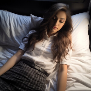 Photo of long hair brunnette girl wearing short plaid skirt and...