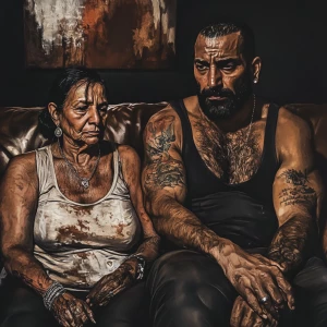 realism art style 1:1 .A sweaty man sitting on sofa with his 54...