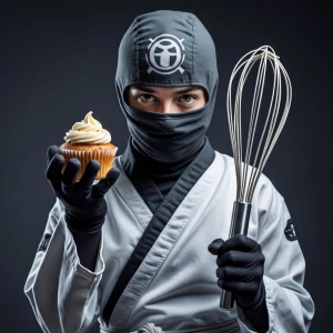 Generate an image of  a baking ninja holding a cupcake in 1 hand...