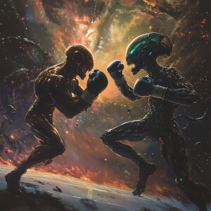 A thrilling matchup unfolds in a galactic arena as two extraterr...