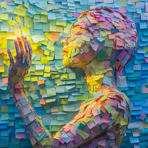 A woman composed entirely of colorful Post-It notes. As the wind...