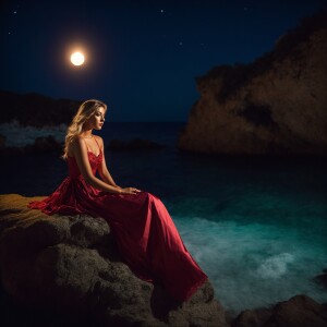 A beautiful wench On a secret pirate Cove under the moonlight
