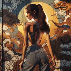 Athletic Thin skinny Attractive, Asian teenage girl, long brown hair and bangs, wearing tight skinny jeans and a halter top paint marks on her clothing, heroic pose Asian graffiti background, backside view