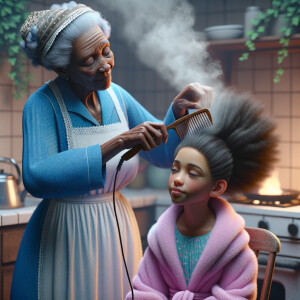 Create a realistic 3-D image of an african-American grandmother wearing a blue house dress and a white apron . She is in the kitchen with her african-American granddaughter. Her granddaughter is wearing a pink bath robe. The grandmother has a hot comb in her hand and she is straightening her granddaughters hair. One side of her granddaughters hair is in  a Afro the other straight 
There is smoke coming from the hot comb
The granddaughter is making a face as if to say grandma that hurt