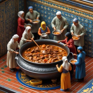 The image depicts a miniature scene of people cooking in a large...