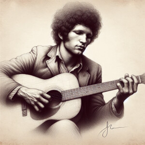 A sketch of a man resembling Jim Croce facial features,playing a...