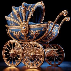 "Design an elaborate baby carriage fit for royalty, with an elegant royal blue body and shimmering gold details. The carriage features exquisite golden ornamentation, with wheels that are masterpieces of craftsmanship, adorned with intricate lace-like filigree patterns. On the side panel of the carriage, the name 'Karen' is inscribed in an ornate, golden script that matches the opulence of the vehicle. The interior is visible, lined with a luxurious material that invites one to sit in comfort and style. The overall design exudes a sense of grandeur and fairytale magic, as if it has rolled out of a storybook page."