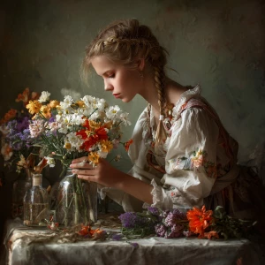 Композиция цветочный мастер-класс. Девушка собирает букет из раз...