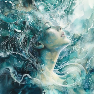 Illustrate a woman in watercolor as the focal point of potent su...