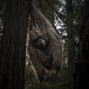 A large manical humanoid looking hair covered sasquatch reaches...