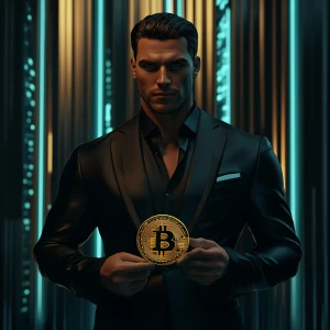 ultra-muscular man in a sleek black suit holding a golden bitcoi...