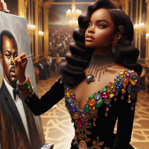 In a high-class, elegantly decorated studio, a very light-skinne...