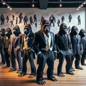 Bunch of gorillaz standing in studio wearing suit in order danci...