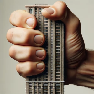 A hand tightly holding a tiny tall thin apartment block