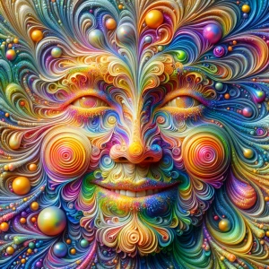 Create a 3D 8K UHD image of a large smiling face composed of fre...