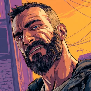 White muscular thin man with beard, big chin, smile and cheekbon...