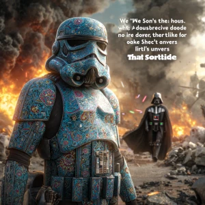 A rebel stormtrooper, distinctly wearing **blue paisley print ar...