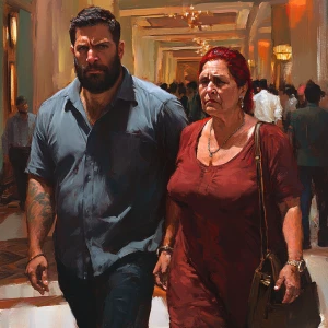 realism art style.A sweaty beefy man walking with his 54 year ol...