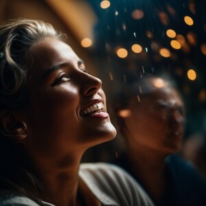 "A contented individual beams with joy while watching their stor...