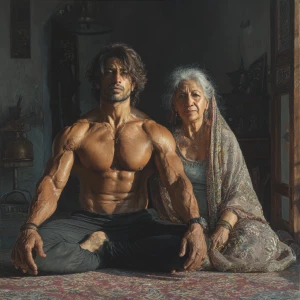 HyperRealism,photo real painting.A man muscular beefy sweaty doi...