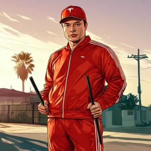 Elon Musk..Baseball cap, track suit holding nunchuks, in GTA San...