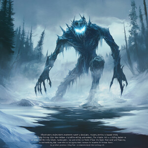 "Illustrate a malevolent, water and ice-based entity rising from...