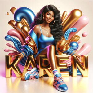 3D writing name "KAREN" bold glossy gold. There is a beautiful African-American latino woman, smiling with long black, wavy hair,, blue and gold trendy jacket and outfits in blue, pink, and gold tones, sport shoes, sitting under the name. Her outfits are glossy. dynamic color explosion background, of pink, blue, gold colors, splashed on white wall