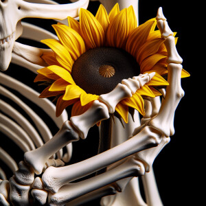 Skeleton hand white holding a yellow sunflower
