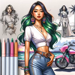 Create an image of the character Moana riding a motorcycle with...