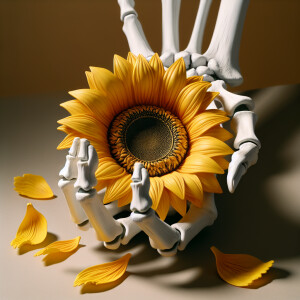 White Skeleton hand holding a yellow sunflower