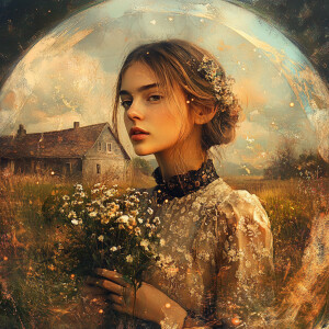 Digital art portrait of a serene female in a vintage dress, hold...