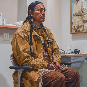 Create a realistic image of a native american sitting in a docto...