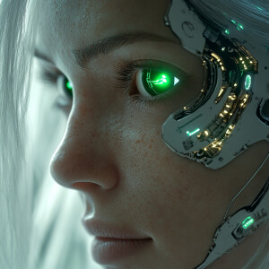 A hyper-ultra-realistic close-up of a futuristic cyborg woman's...