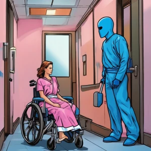 A blue man in a hospital gown is being pushed down the hallway o...